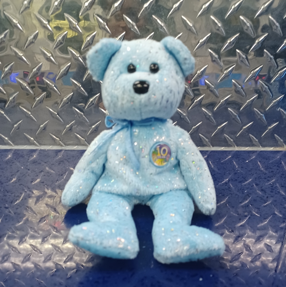 -TY Beanie Babies "DECADE (light blue)" 10th Anniversary Teddy Bear - Sparkly